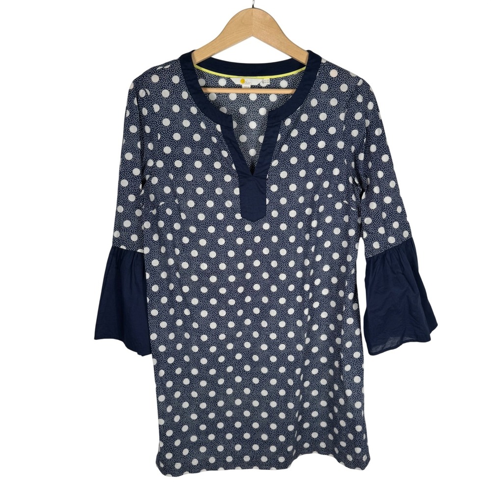 Boden Jodie Kaftan Bell Sleeve Tunic Dress Womens 10 Blue White Polka Dot Cotton